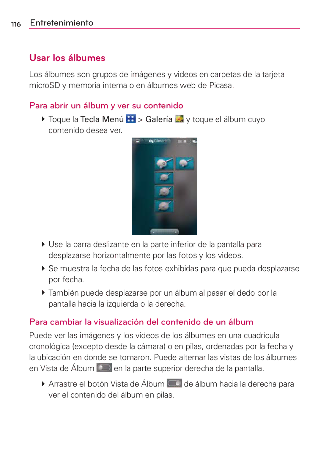 LG Electronics MS910 manual Usar los álbumes, Para abrir un álbum y ver su contenido 