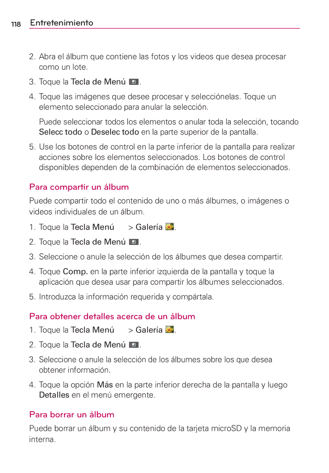 LG Electronics MS910 manual Para compartir un álbum, Para obtener detalles acerca de un álbum, Para borrar un álbum 