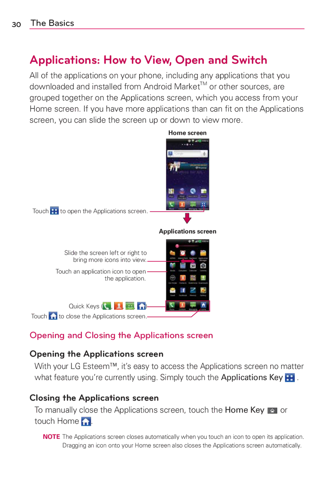 LG Electronics MS910 manual Applications How to View, Open and Switch, Opening and Closing the Applications screen 