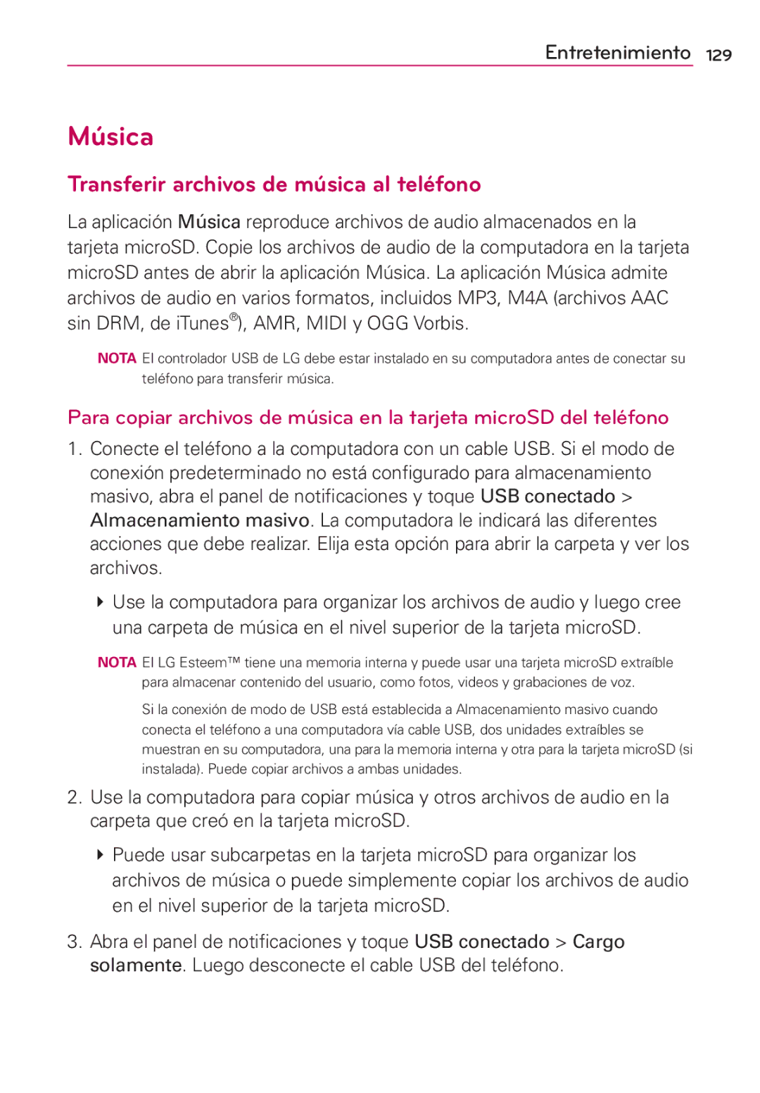 LG Electronics MS910 manual Música, Transferir archivos de música al teléfono 