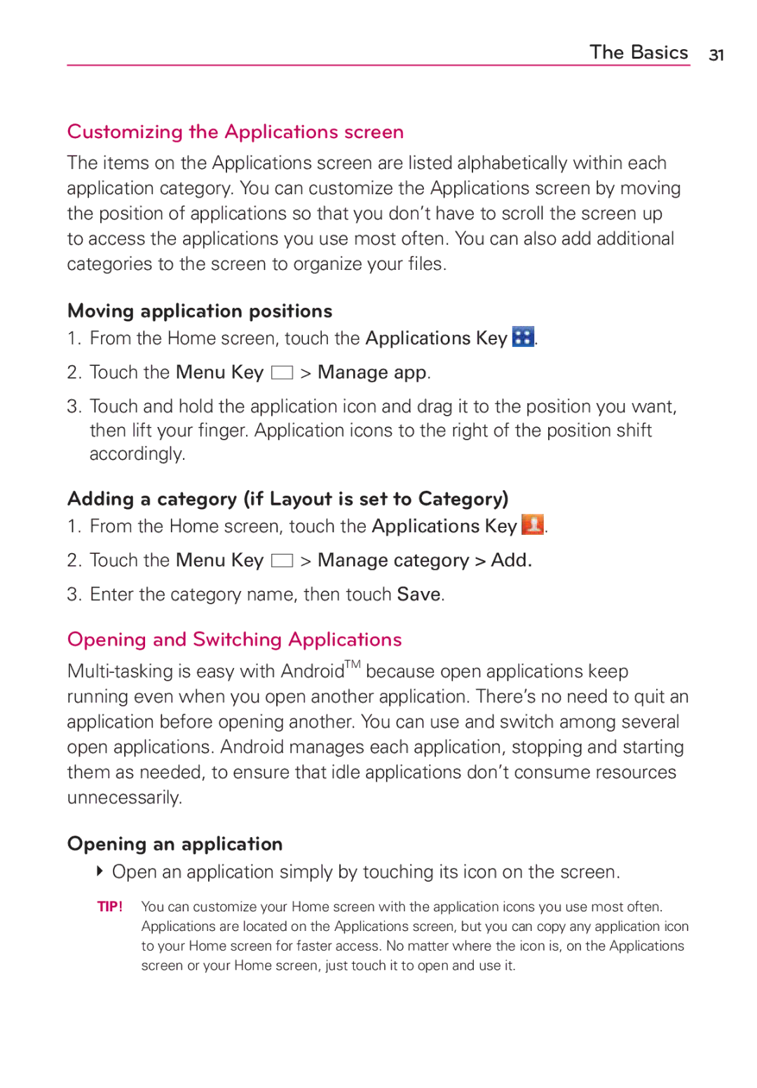 LG Electronics MS910 Customizing the Applications screen, Moving application positions, Opening and Switching Applications 