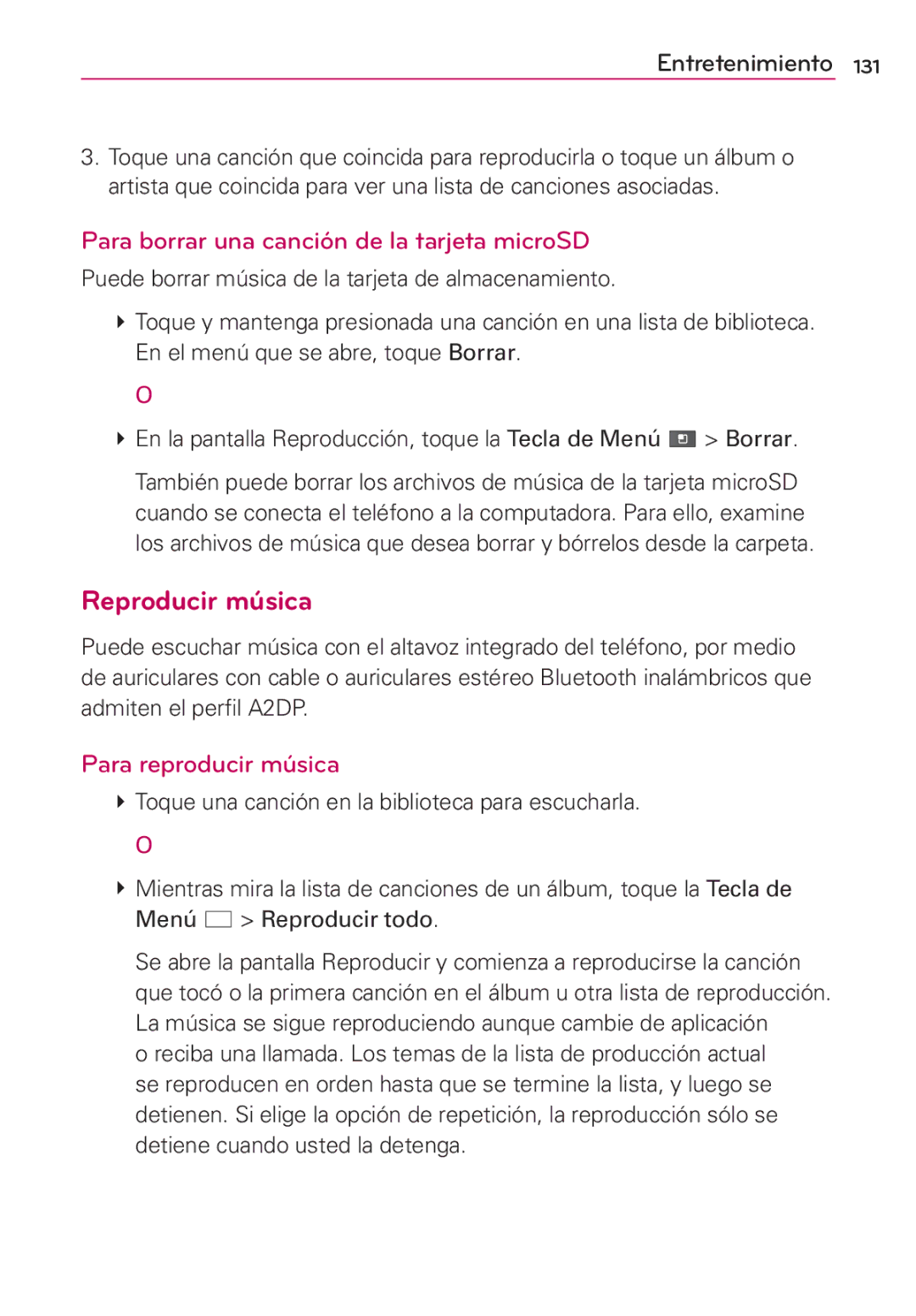 LG Electronics MS910 manual Reproducir música, Para borrar una canción de la tarjeta microSD, Para reproducir música 