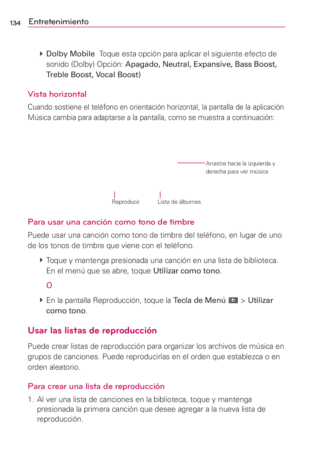 LG Electronics MS910 manual Usar las listas de reproducción, Vista horizontal, Para usar una canción como tono de timbre 