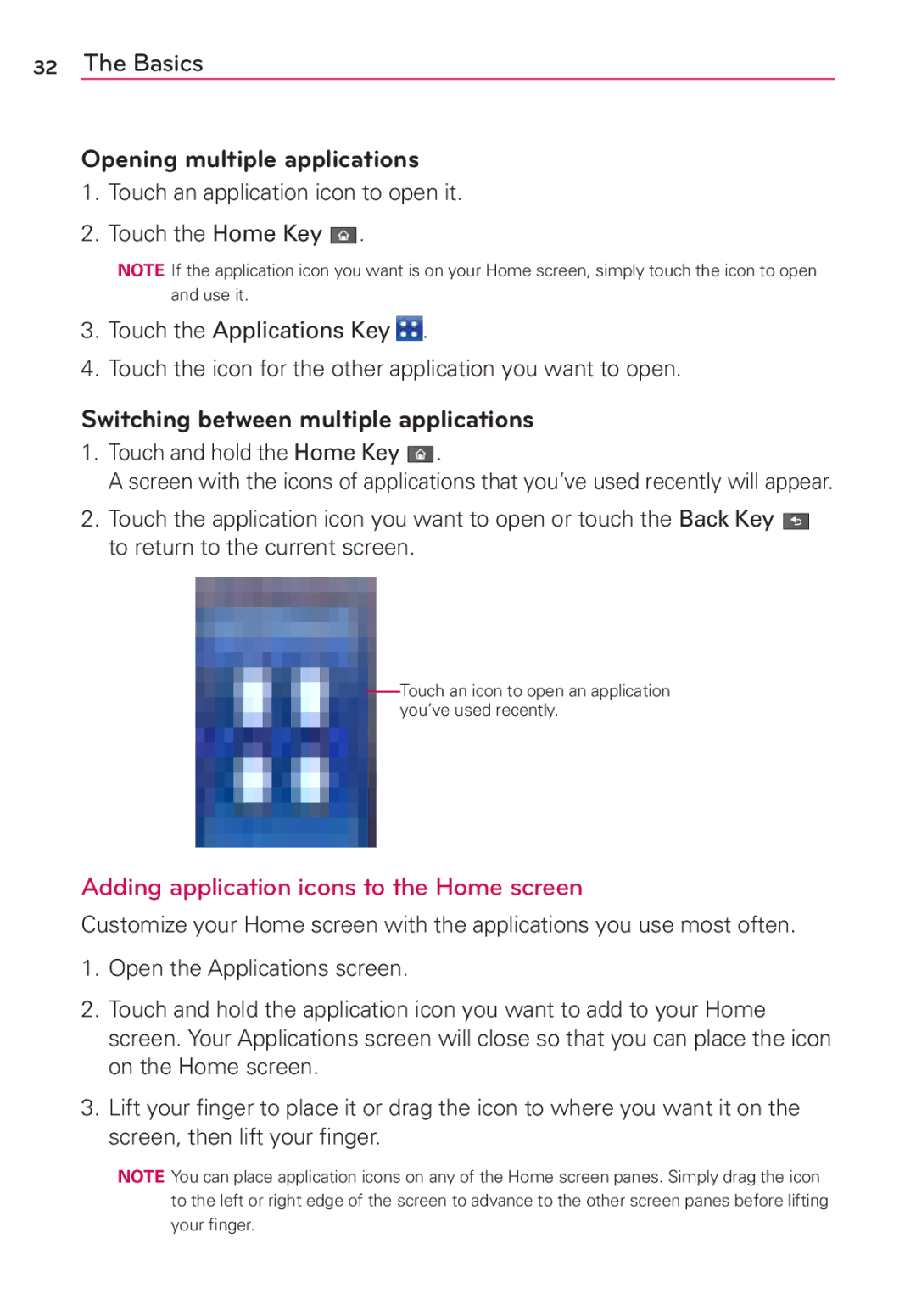 LG Electronics MS910 Opening multiple applications, Switching between multiple applications, Touch and hold the Home Key 