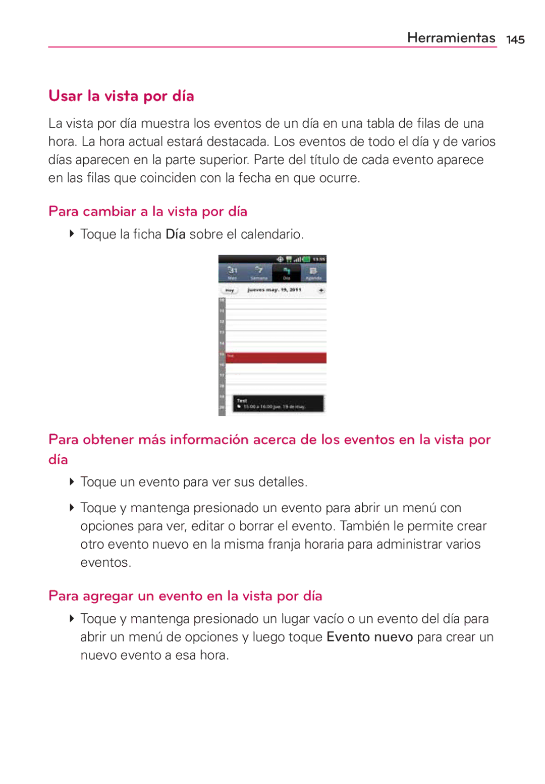 LG Electronics MS910 Usar la vista por día, Para cambiar a la vista por día, Para agregar un evento en la vista por día 