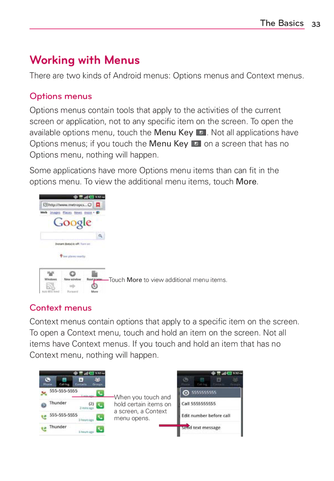 LG Electronics MS910 manual Working with Menus, Options menus, Context menus 