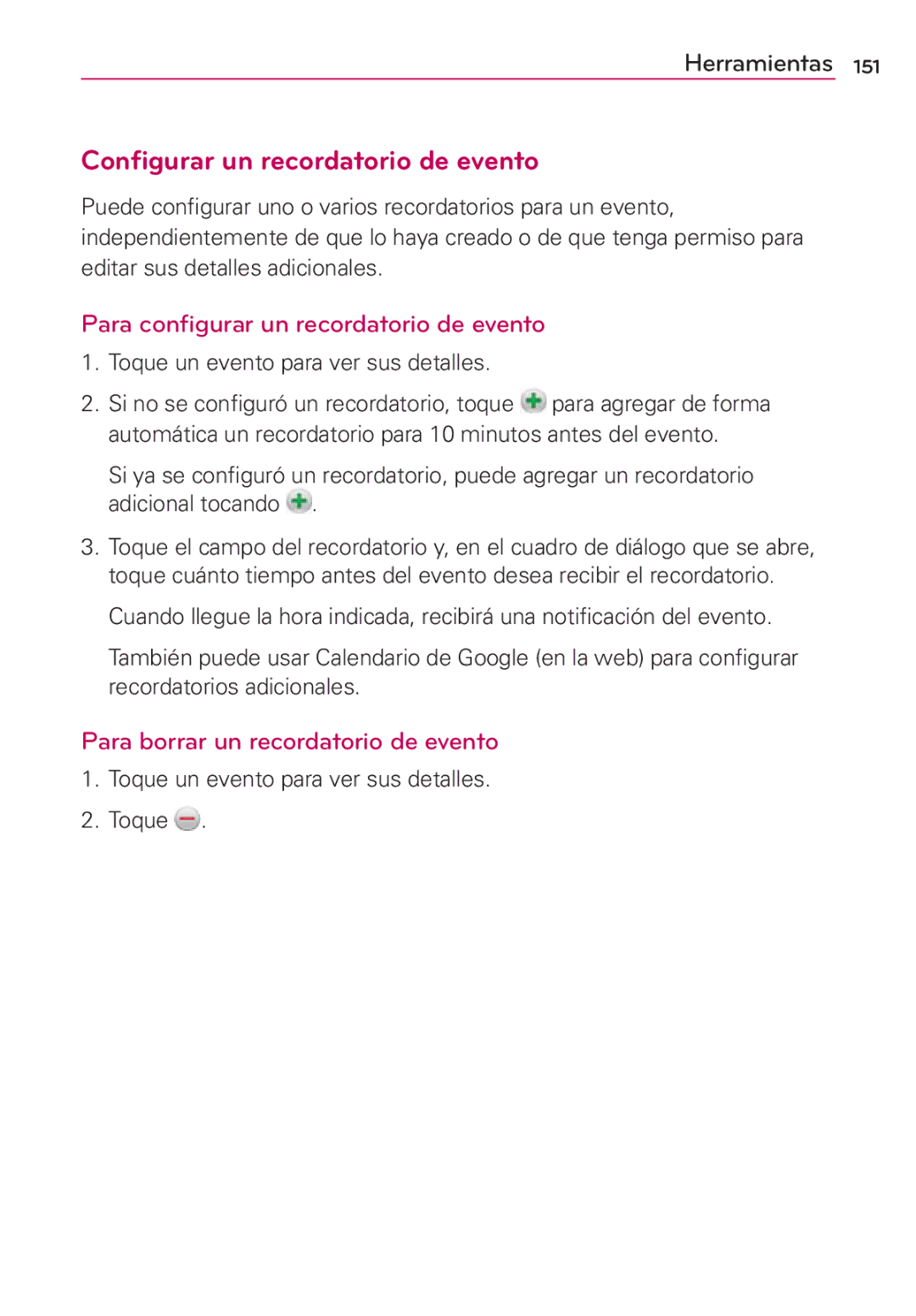 LG Electronics MS910 manual Configurar un recordatorio de evento, Para configurar un recordatorio de evento 