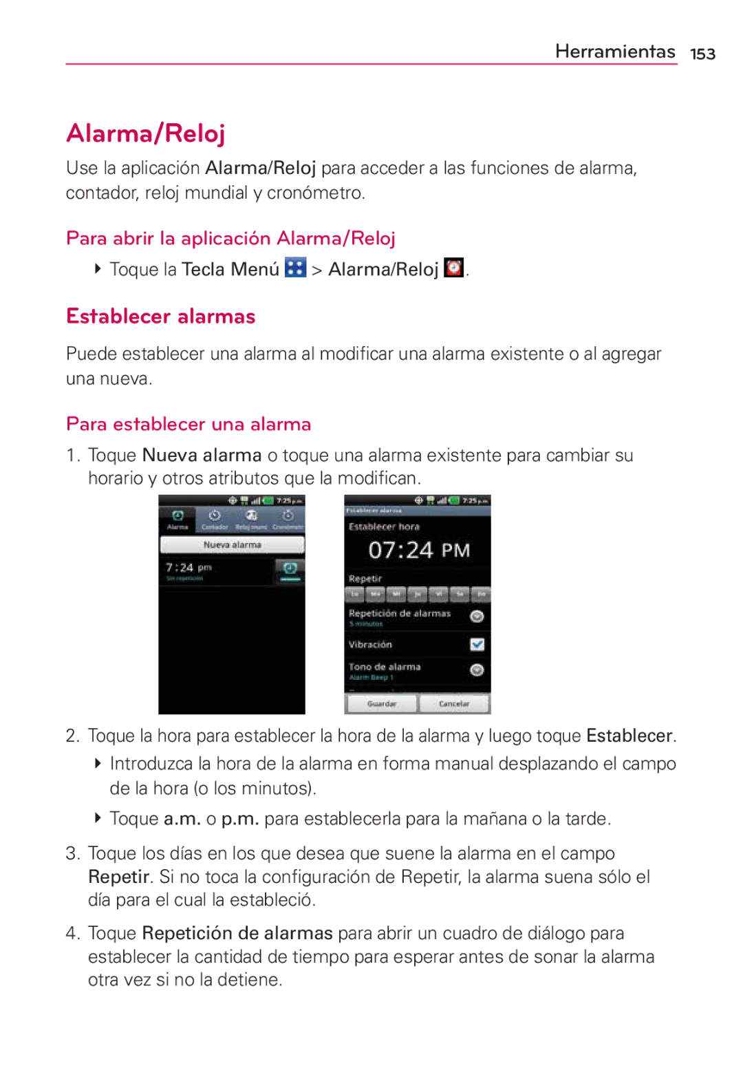 LG Electronics MS910 manual Establecer alarmas, Para abrir la aplicación Alarma/Reloj, Para establecer una alarma 