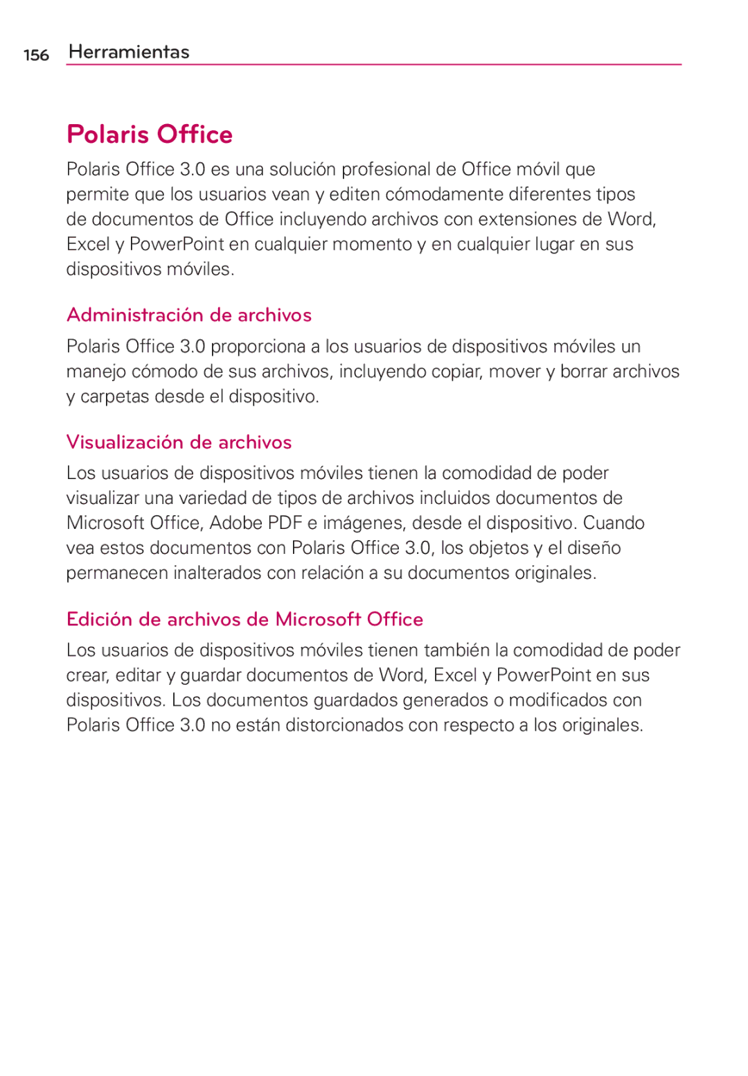 LG Electronics MS910 manual Polaris Office, Administración de archivos 