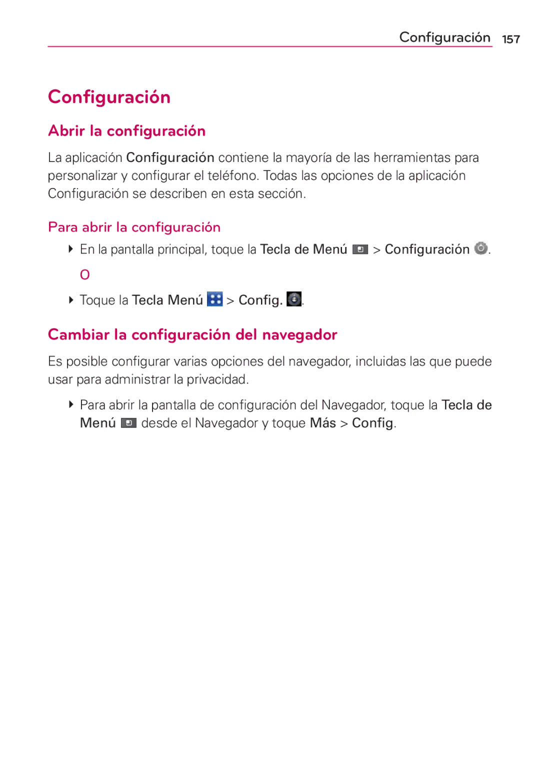 LG Electronics MS910 manual Configuración, Abrir la configuración, Cambiar la configuración del navegador 