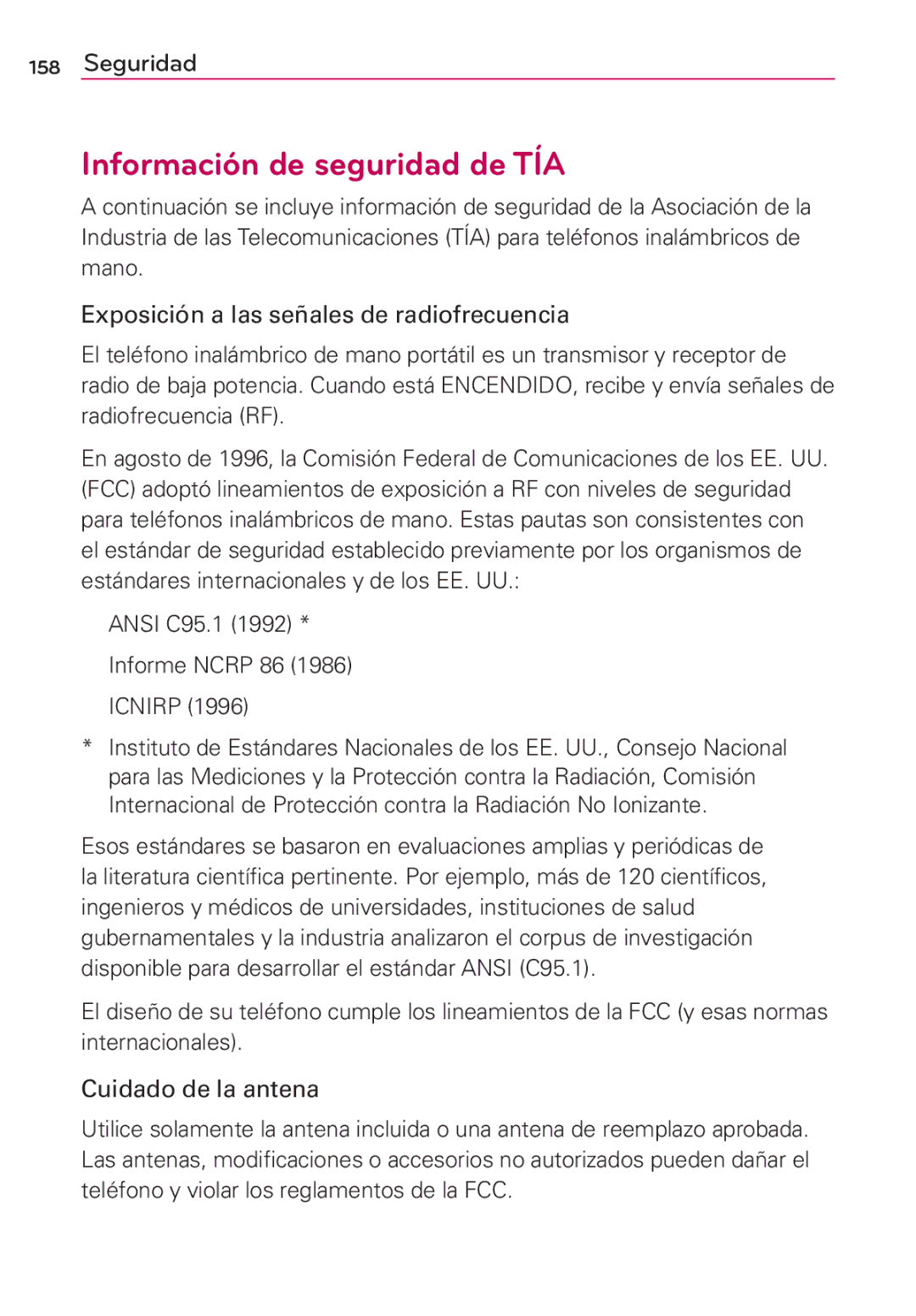 LG Electronics MS910 manual Información de seguridad de TÍA, Ansi C95.1 Informe Ncrp 86 Icnirp 