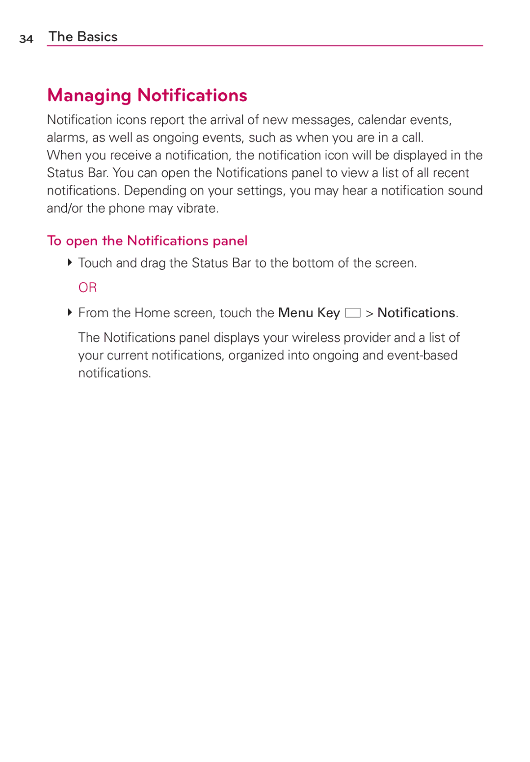 LG Electronics MS910 manual Managing Notifications, To open the Notifications panel 