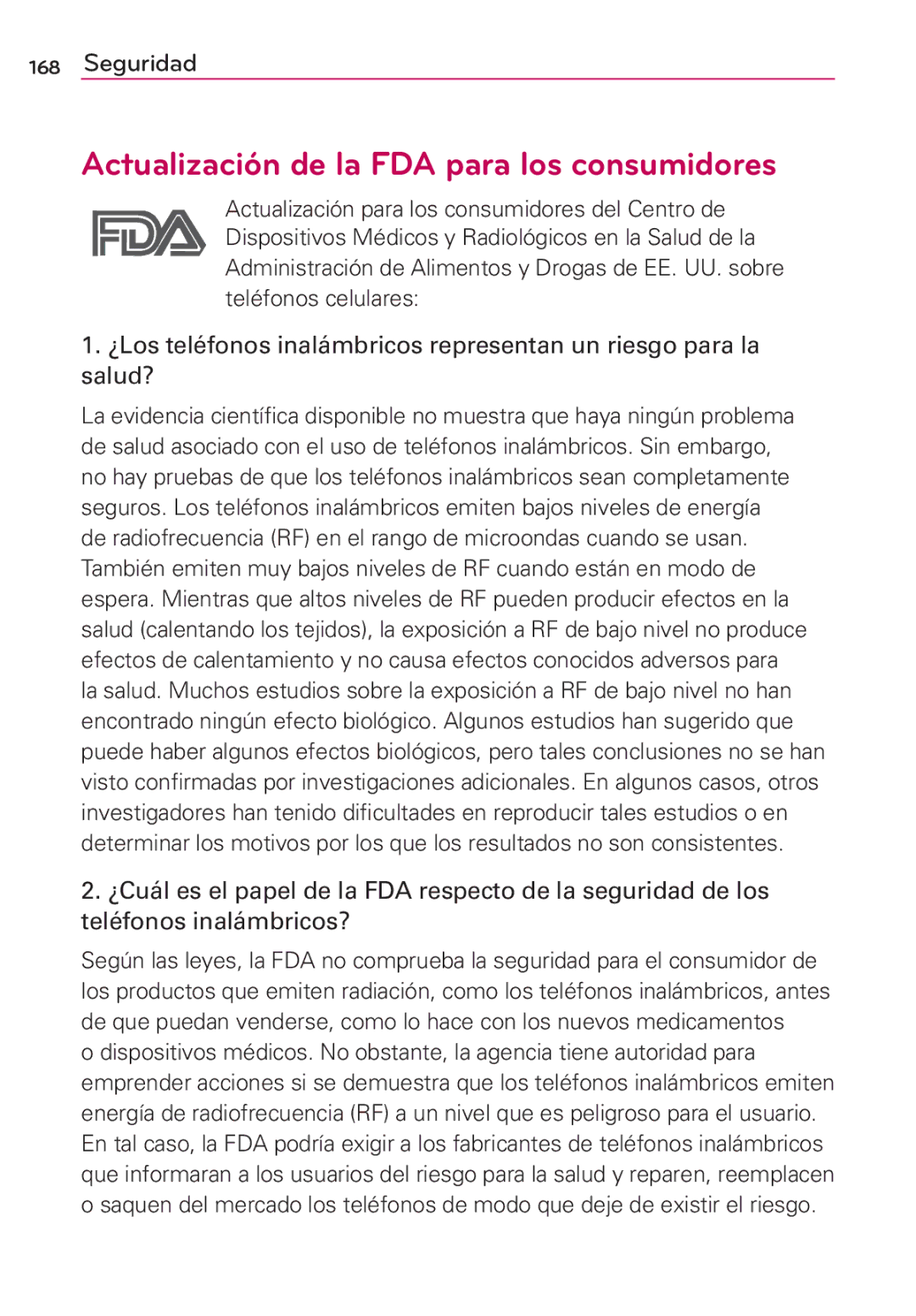 LG Electronics MS910 manual Actualización de la FDA para los consumidores 