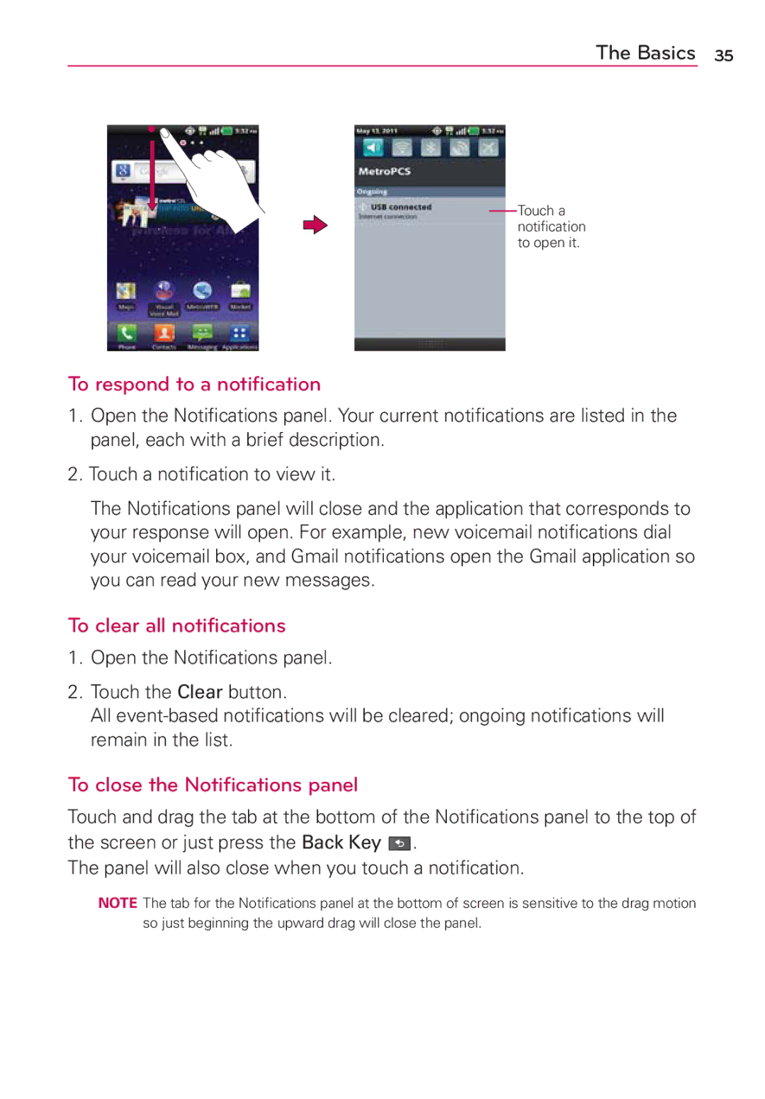 LG Electronics MS910 manual To respond to a notification, To clear all notifications, To close the Notifications panel 