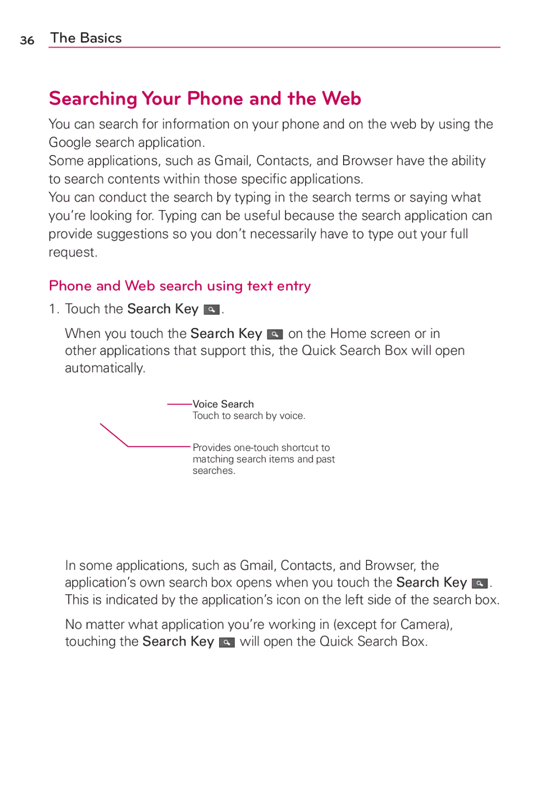 LG Electronics MS910 manual Searching Your Phone and the Web, Phone and Web search using text entry 