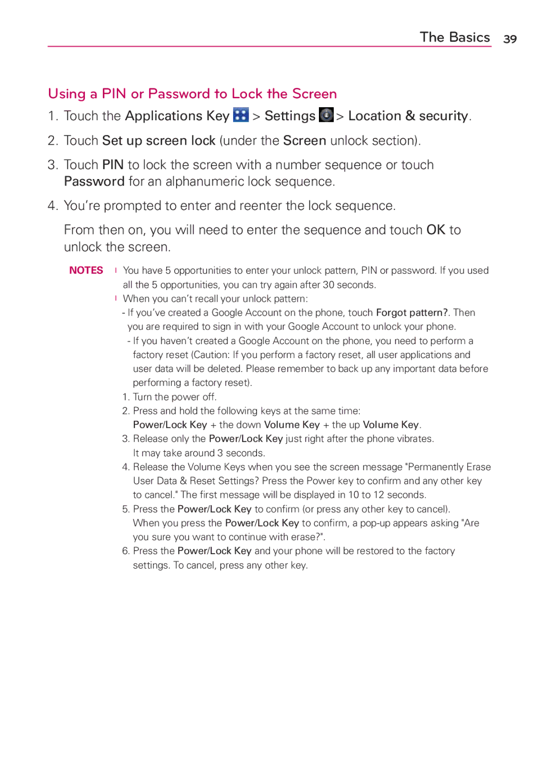 LG Electronics MS910 manual Using a PIN or Password to Lock the Screen 