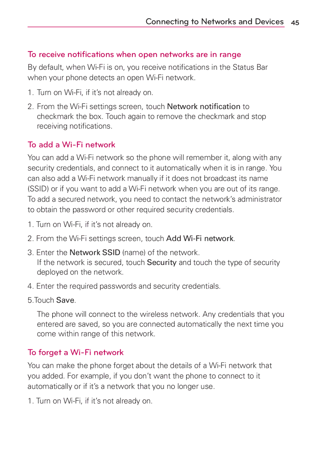 LG Electronics MS910 manual To receive notifications when open networks are in range, To add a Wi-Fi network 