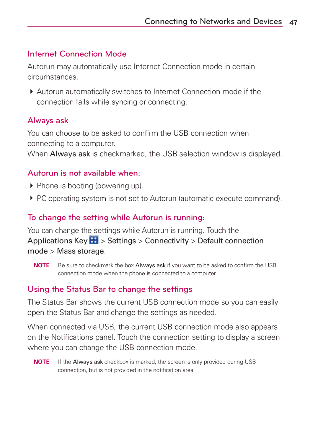 LG Electronics MS910 manual Internet Connection Mode, Always ask, Autorun is not available when 