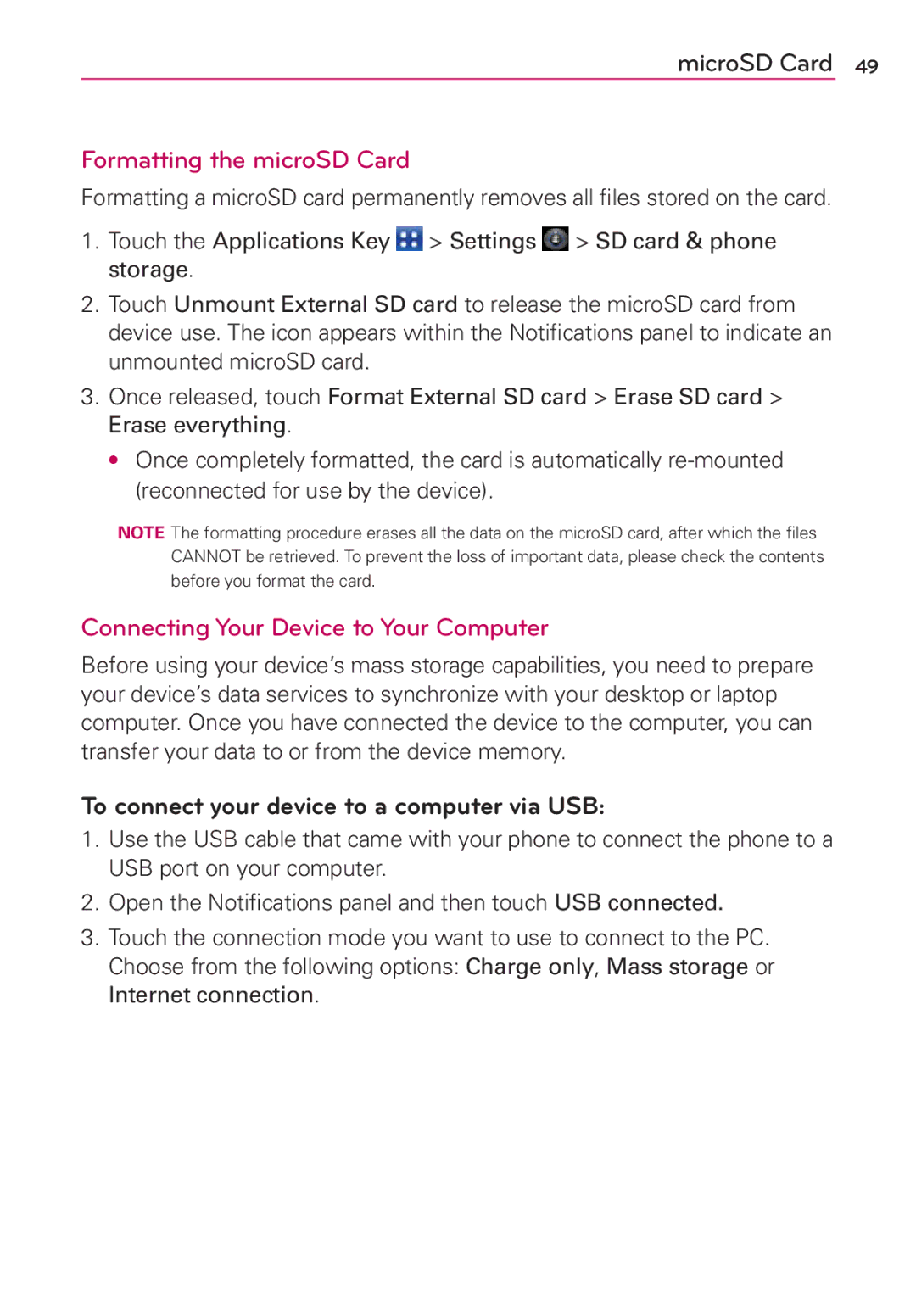 LG Electronics MS910 manual Formatting the microSD Card, Connecting Your Device to Your Computer 