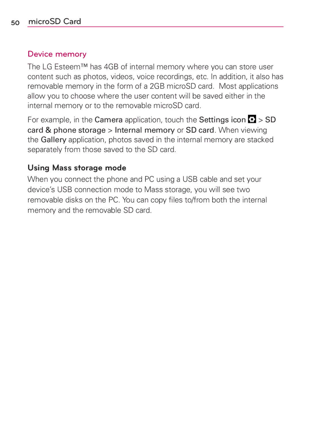 LG Electronics MS910 manual Device memory, Using Mass storage mode 