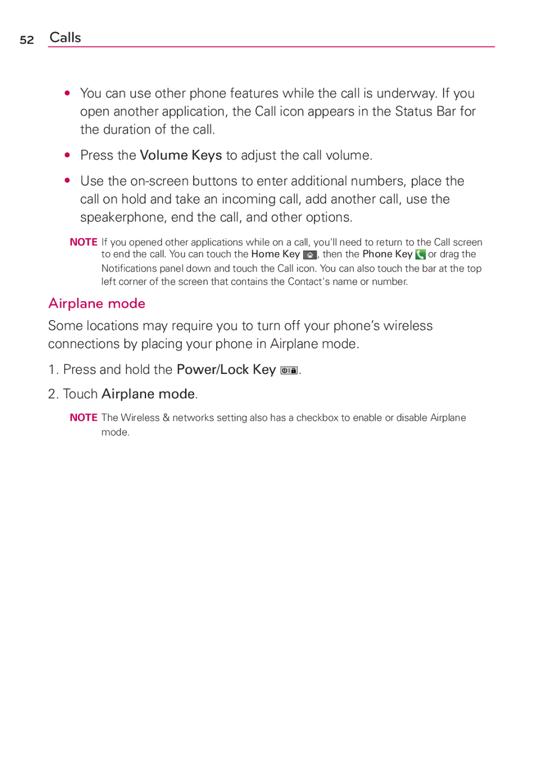 LG Electronics MS910 manual Press and hold the Power/Lock Key Touch Airplane mode 