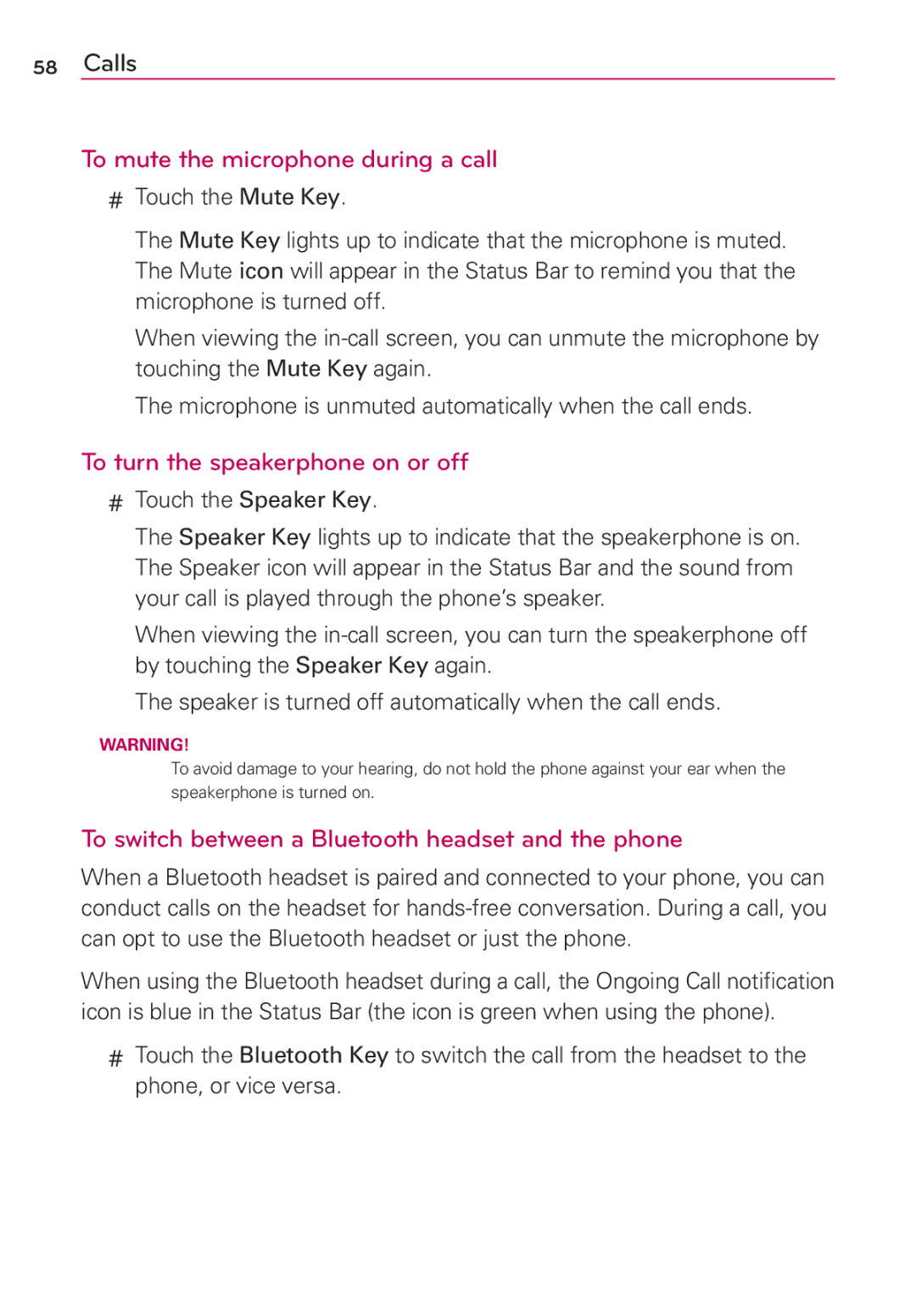 LG Electronics MS910 manual To mute the microphone during a call, To turn the speakerphone on or off, Touch the Speaker Key 