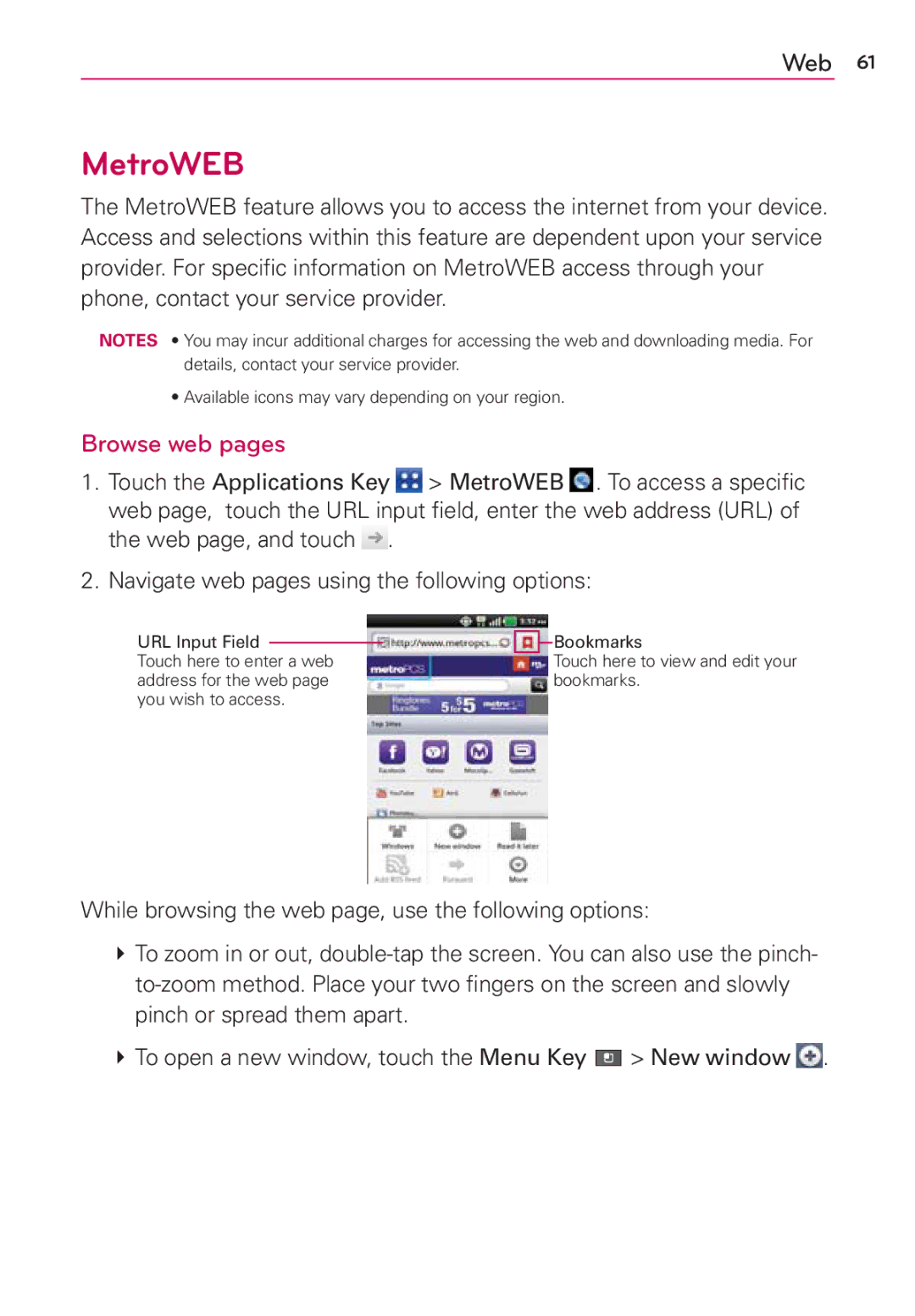 LG Electronics MS910 manual MetroWEB, Browse web pages 