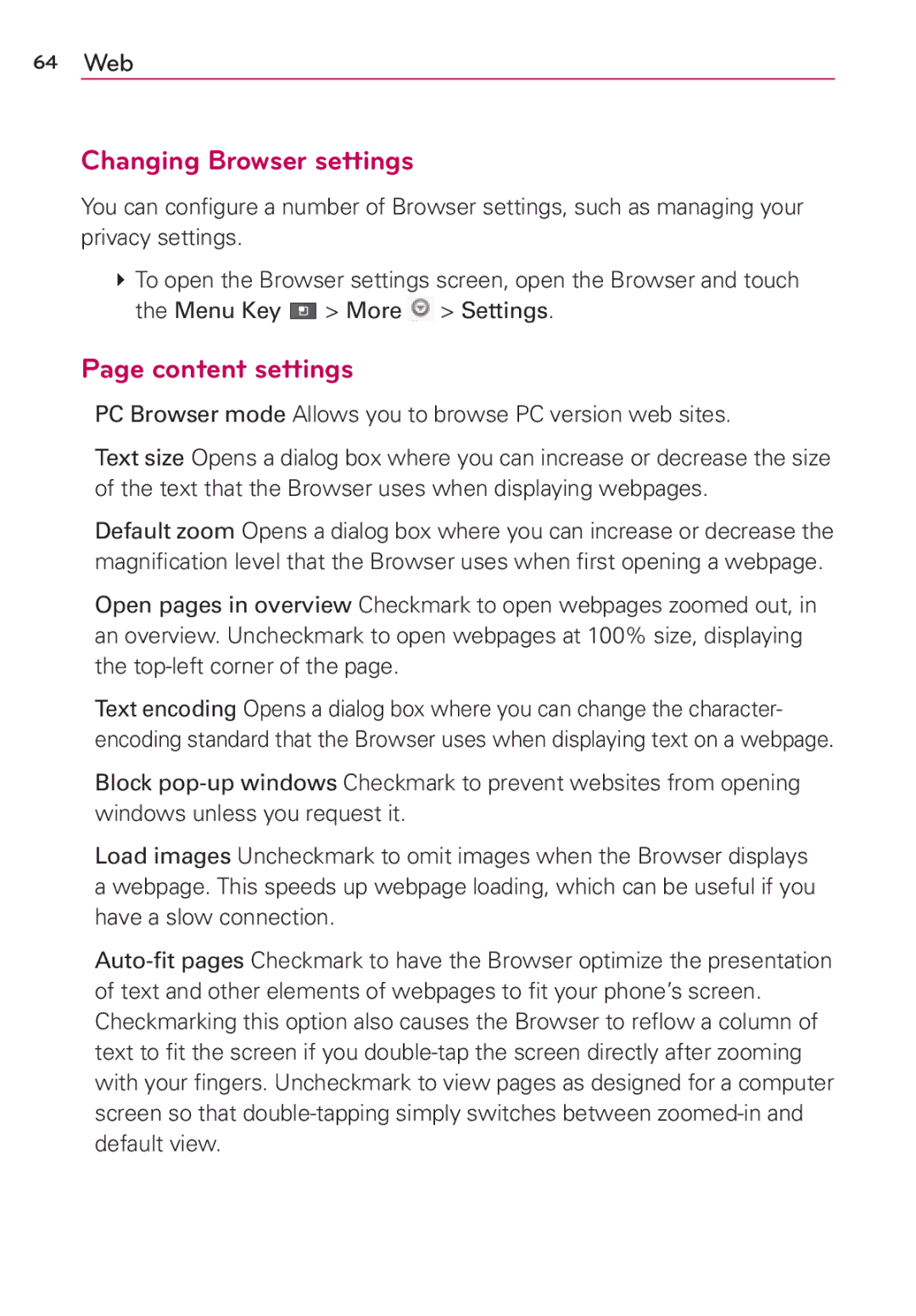 LG Electronics MS910 manual Changing Browser settings, Content settings 