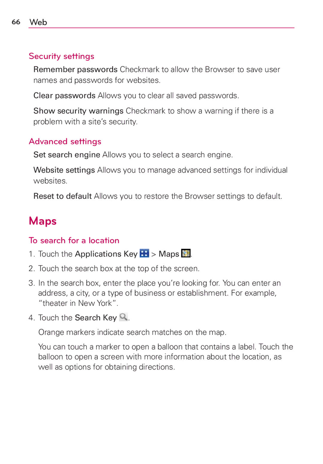 LG Electronics MS910 manual Maps, Security settings, Advanced settings, To search for a location 