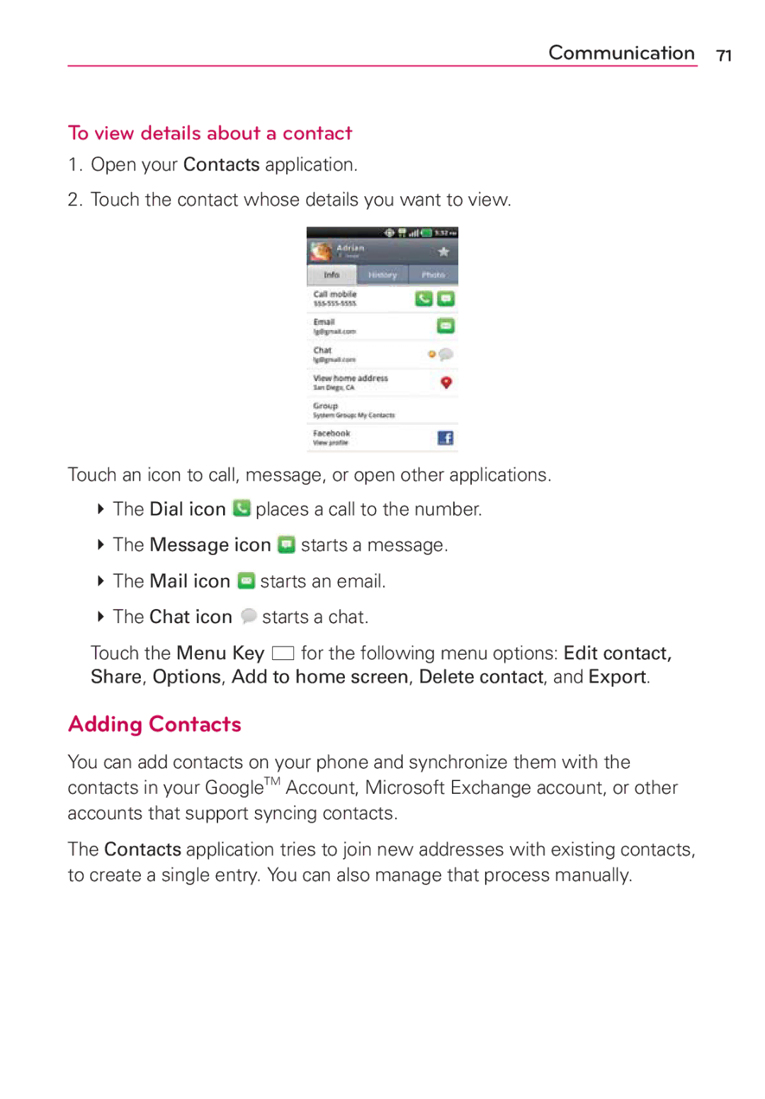 LG Electronics MS910 manual Adding Contacts, To view details about a contact 