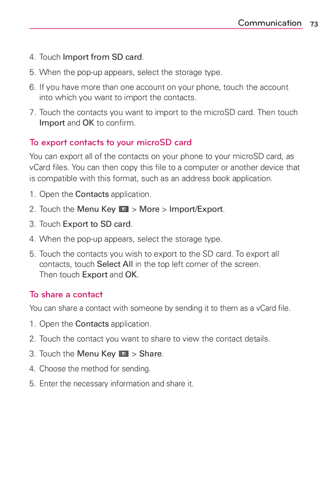 LG Electronics MS910 manual To export contacts to your microSD card, To share a contact 