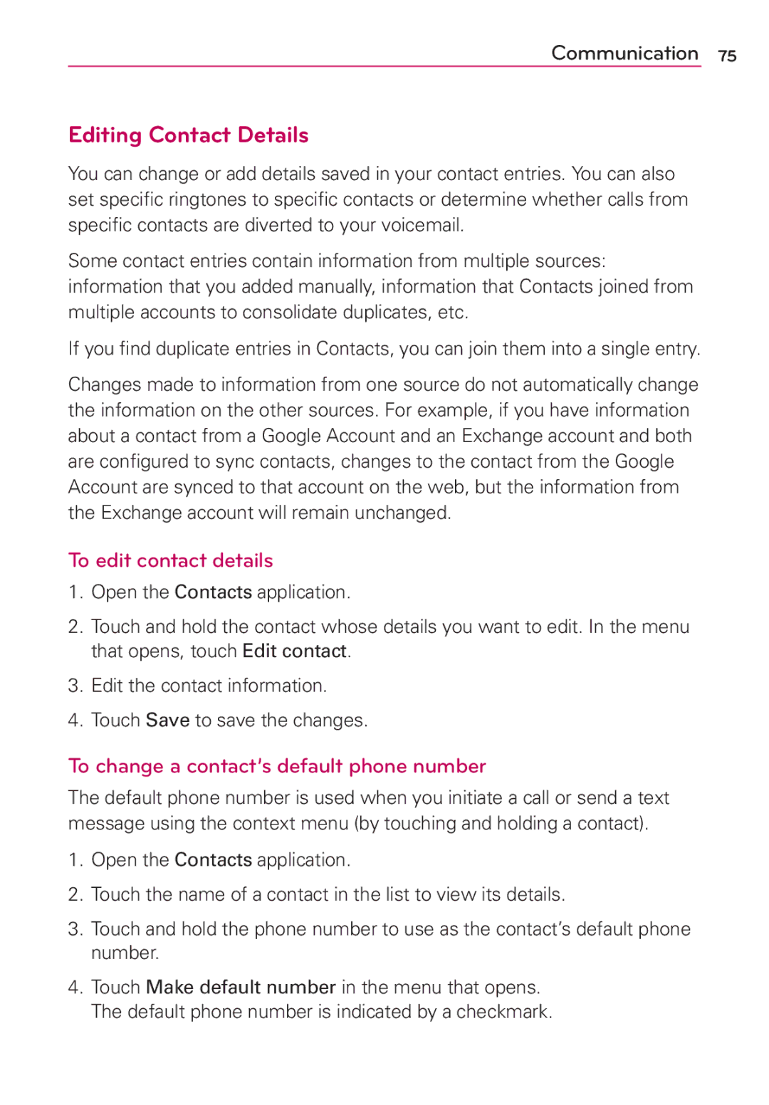 LG Electronics MS910 manual Editing Contact Details, To edit contact details, To change a contact’s default phone number 