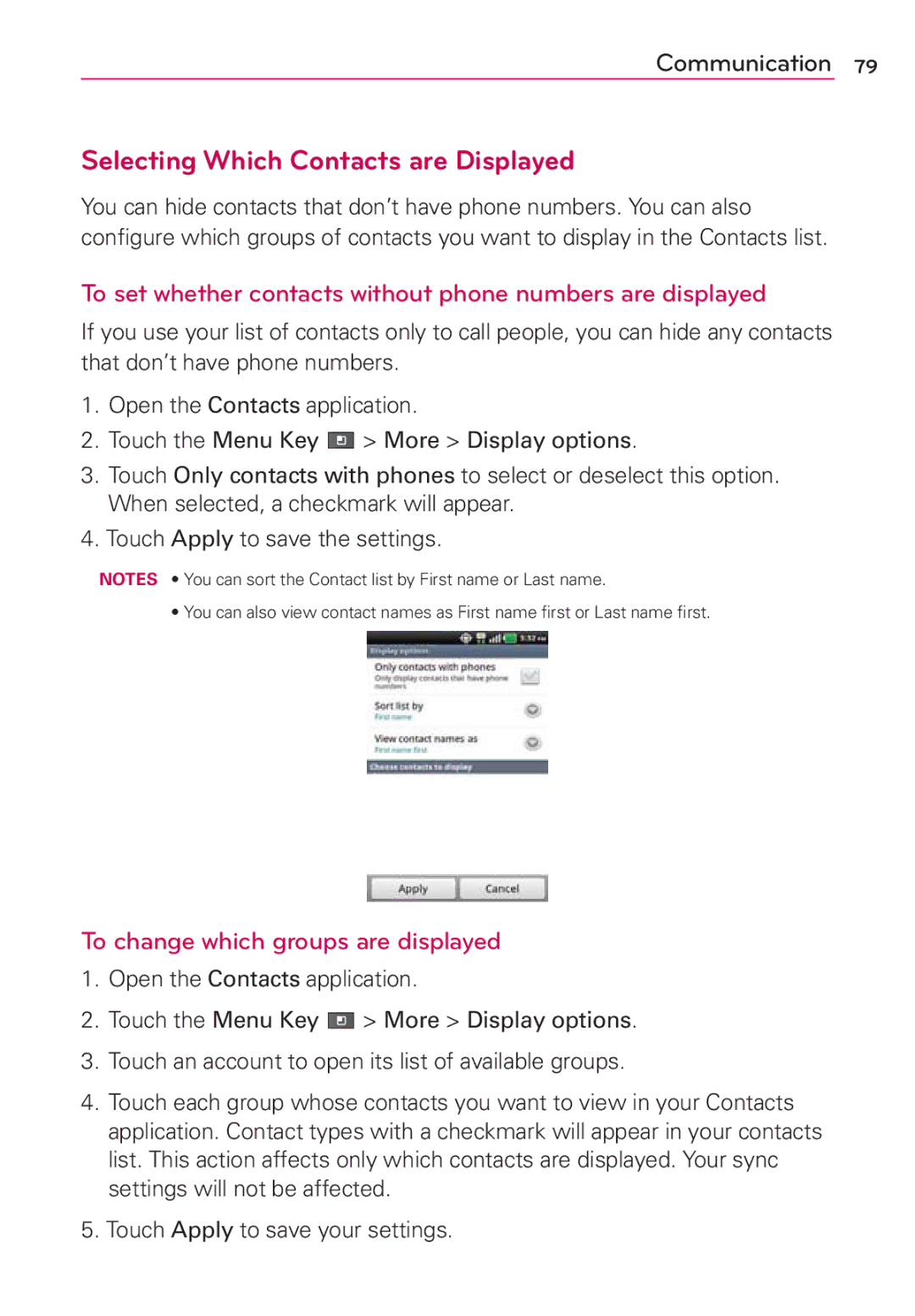 LG Electronics MS910 Selecting Which Contacts are Displayed, To set whether contacts without phone numbers are displayed 