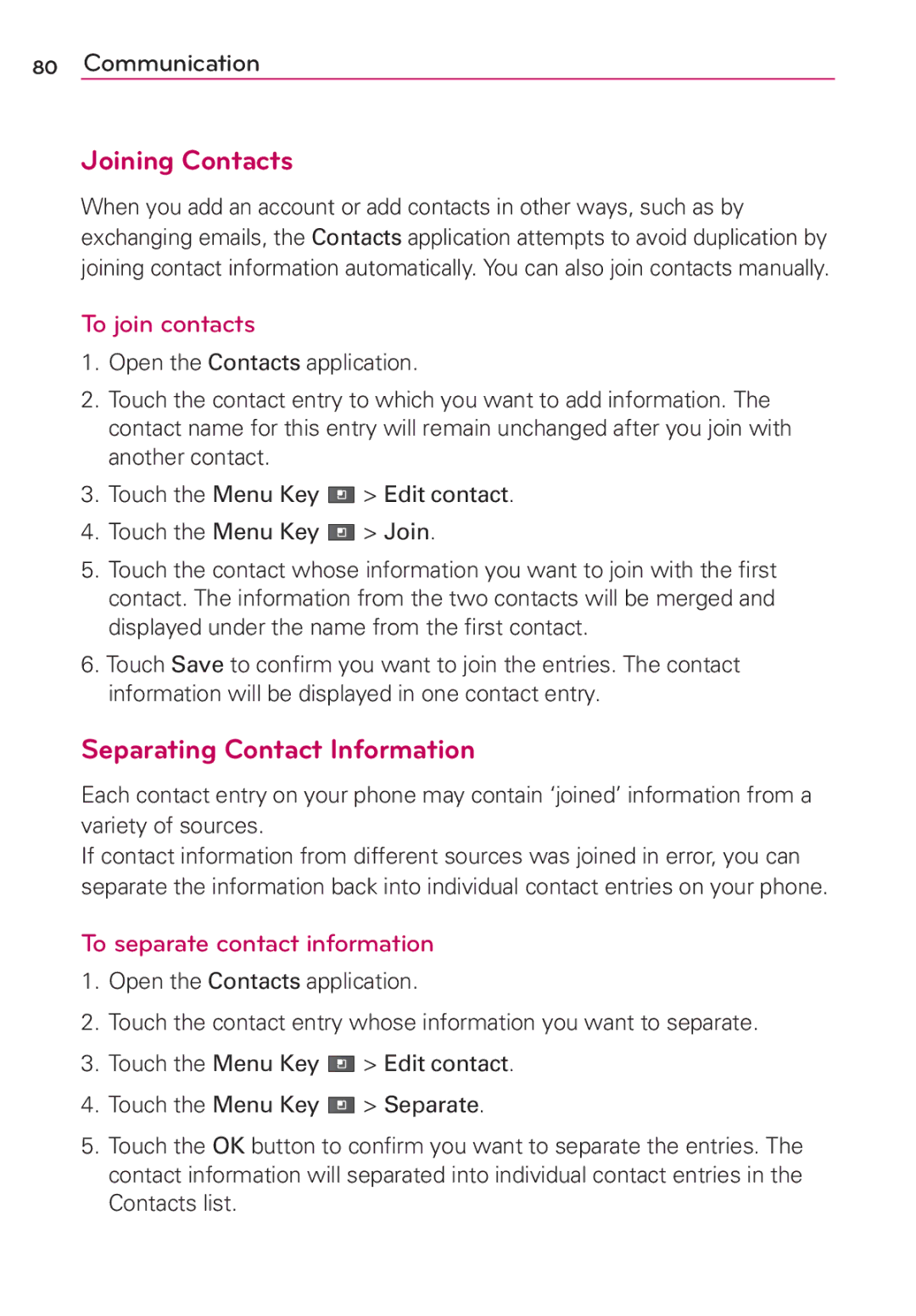 LG Electronics MS910 Joining Contacts, Separating Contact Information, To join contacts, To separate contact information 