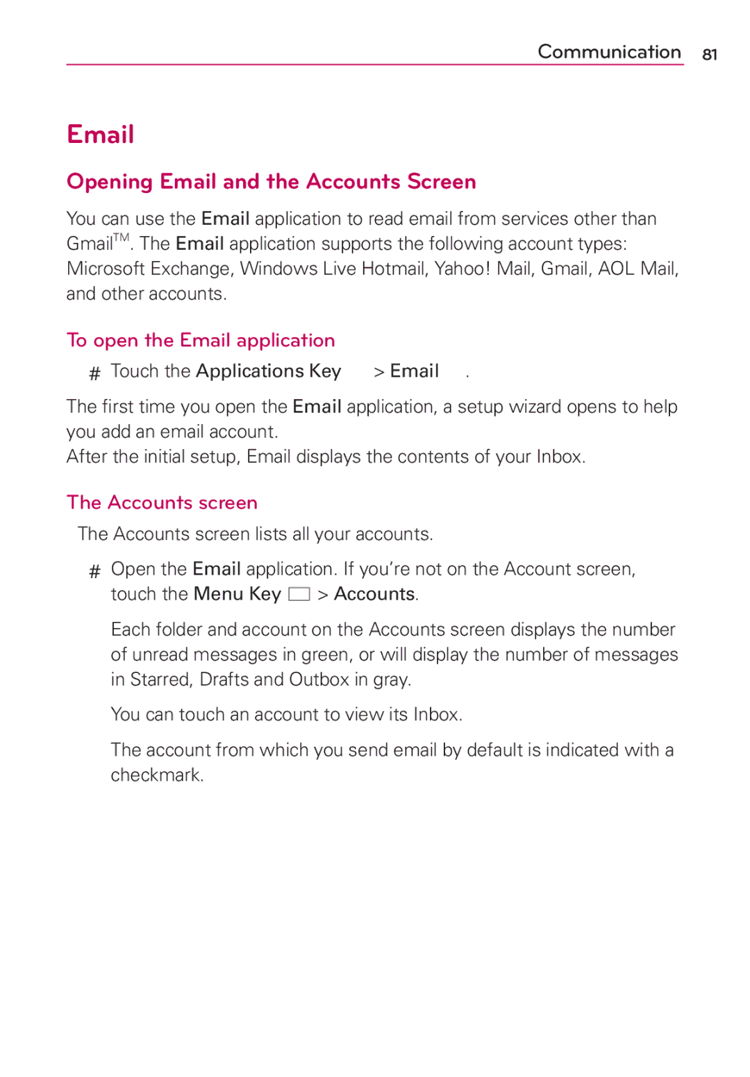 LG Electronics MS910 manual Opening Email and the Accounts Screen, To open the Email application, Accounts screen 