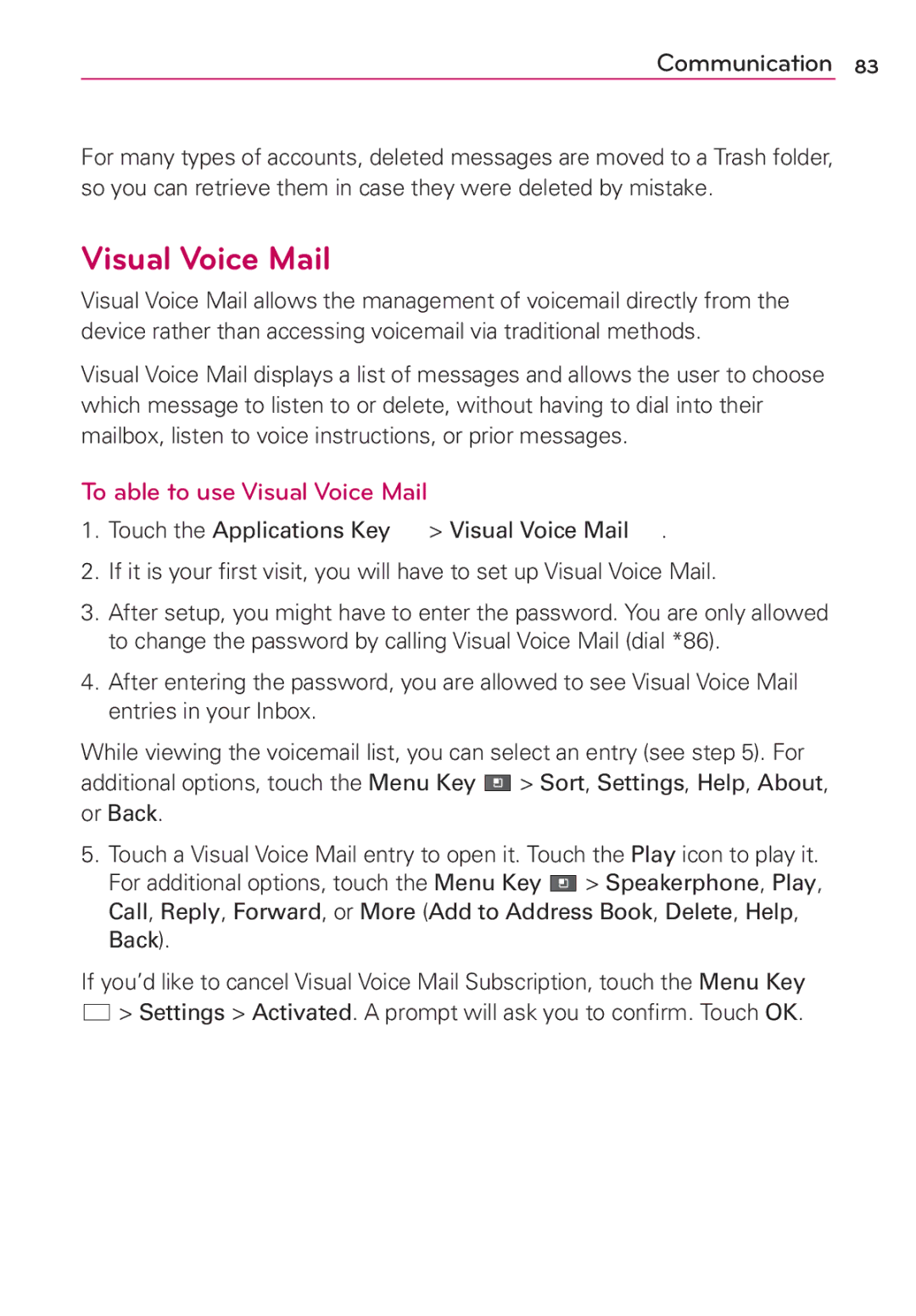 LG Electronics MS910 manual To able to use Visual Voice Mail 