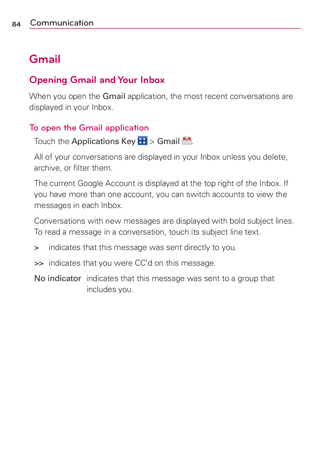 LG Electronics MS910 manual Opening Gmail and Your Inbox, To open the Gmail application 