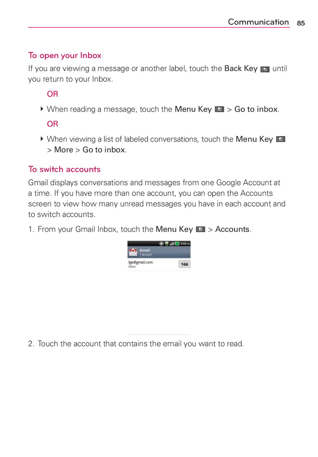 LG Electronics MS910 manual To open your Inbox, To switch accounts 