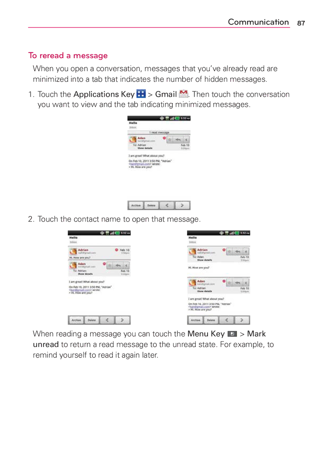 LG Electronics MS910 manual To reread a message 