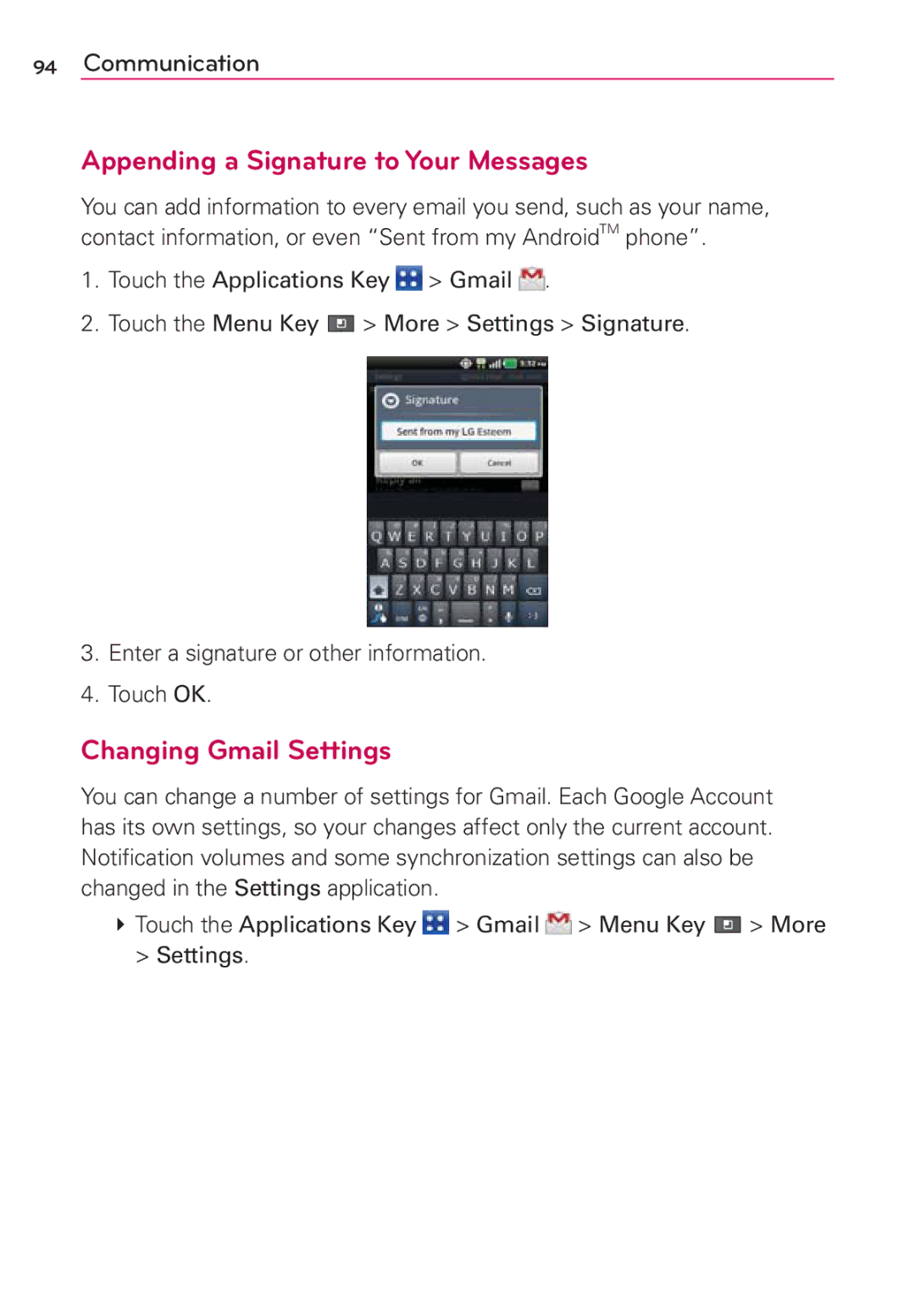 LG Electronics MS910 manual Appending a Signature to Your Messages, Changing Gmail Settings 