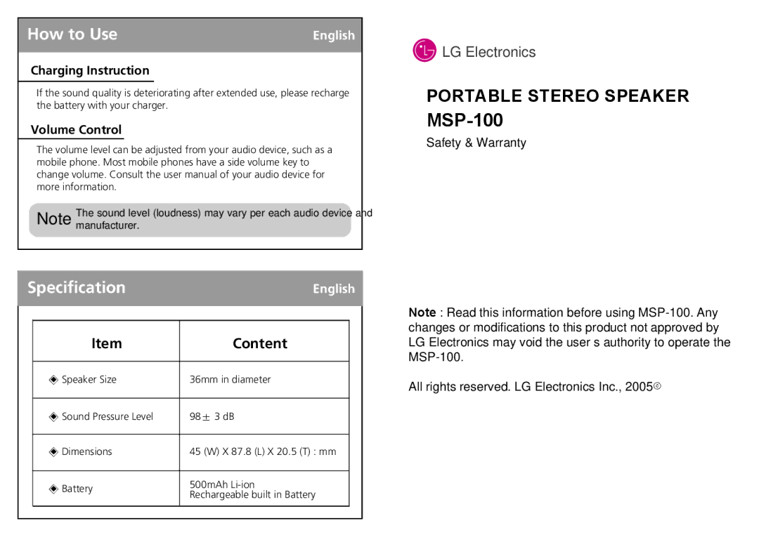 LG Electronics MSP-100 user manual Specification, Content, Charging Instruction, Volume Control, Safety & Warranty 