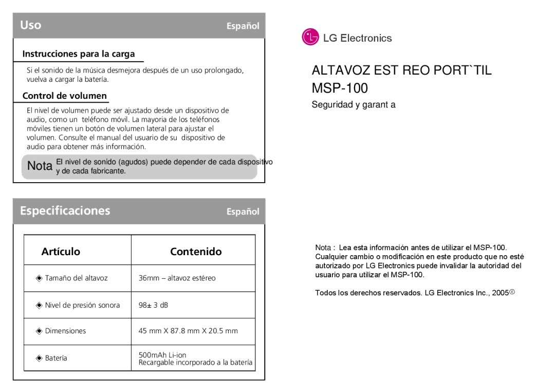 LG Electronics MSP-100 user manual Especificaciones, Artículo Contenido, Instrucciones para la carga, Control de volumen 