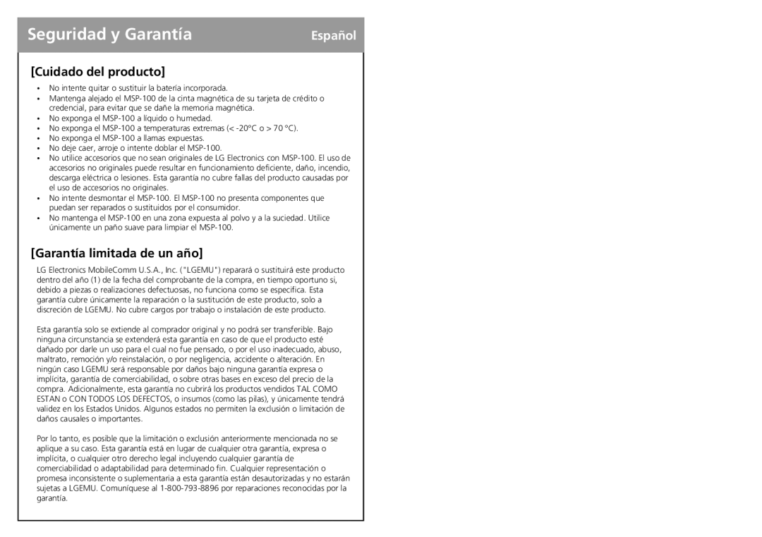 LG Electronics MSP-100 user manual Seguridad y Garantía, Cuidado del producto, Garantía limitada de un año 