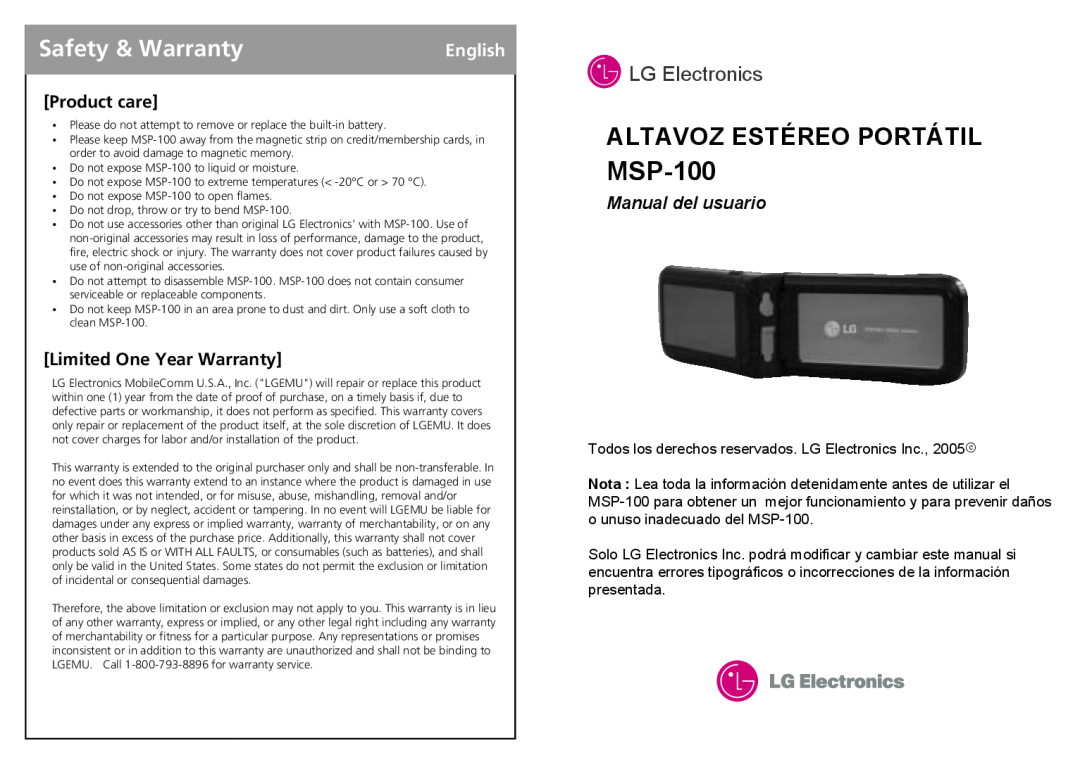 LG Electronics MSP-100 Safety & Warranty, Altavoz Estéreo Portátil, Product care, Limited One Year Warranty, English 