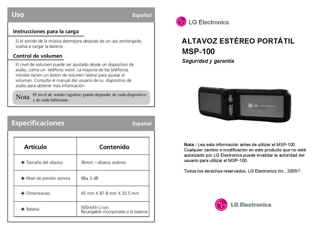 LG Electronics MSP-100 Especificaciones, Artículo, Contenido, Instrucciones para la carga, Control de volumen, Español 
