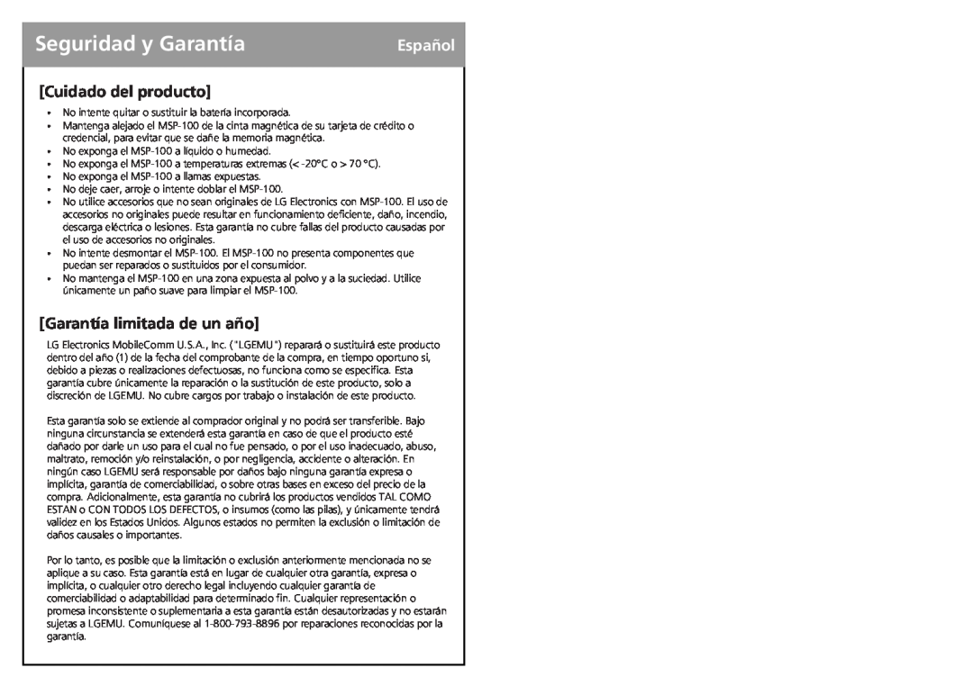 LG Electronics MSP-100 user manual Seguridad y Garantía, Cuidado del producto, Garantía limitada de un año, Español 