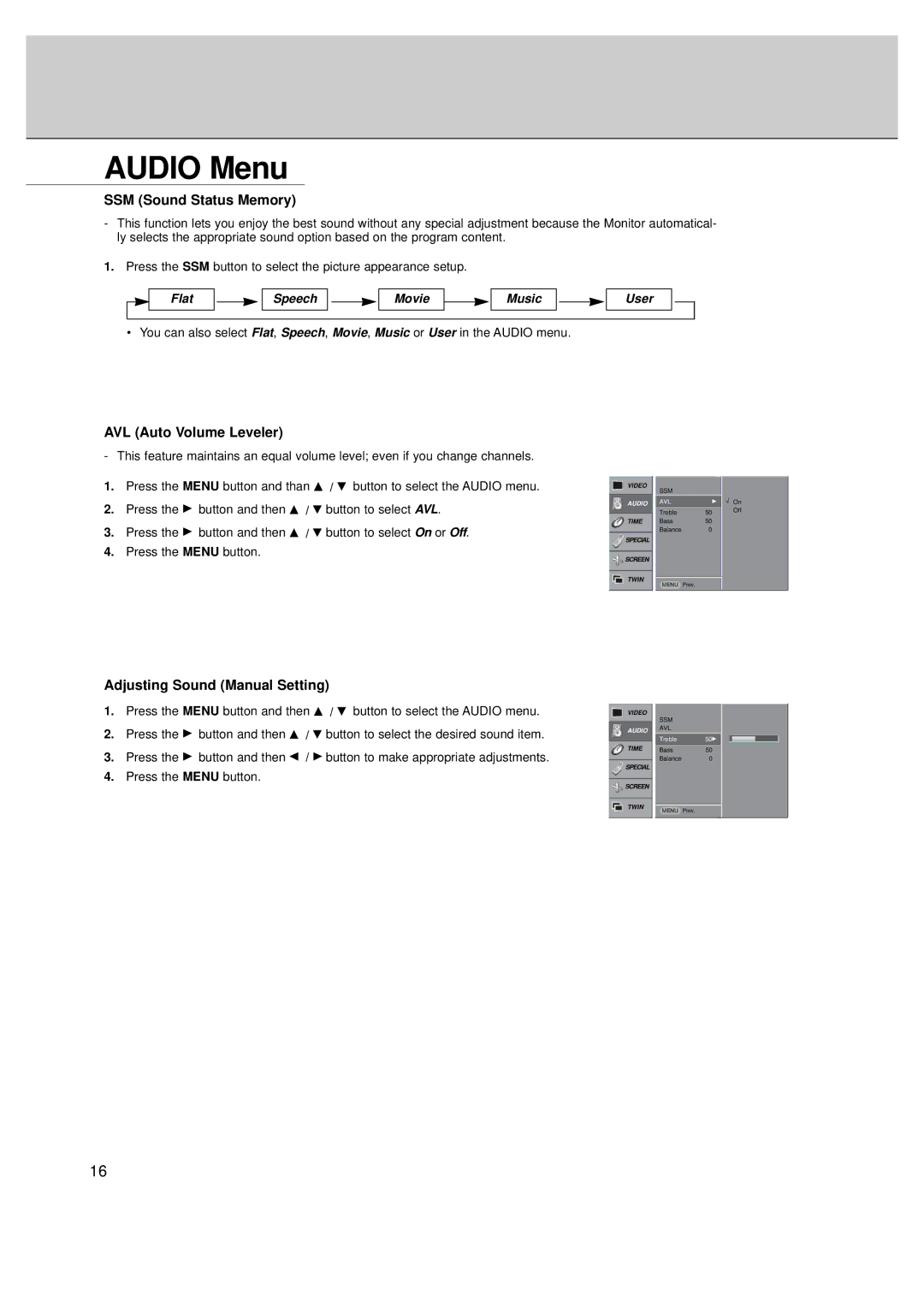 LG Electronics MT-50PZ40/, MT-50PZ41/, MT-50PZ43/, MZ-50PZ42/, MZ-50PZ43 owner manual Audio Menu, SSM Sound Status Memory 