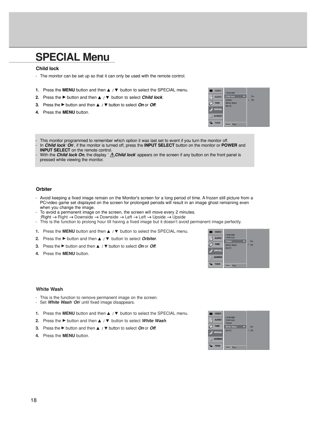 LG Electronics MT-50PZ40/, MT-50PZ41/, MT-50PZ43/, MZ-50PZ42/, MZ-50PZ43 Special Menu, Child lock, Orbiter, White Wash 