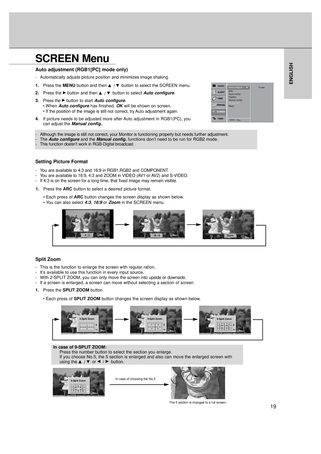 LG Electronics MT-50PZ40/, MT-50PZ41/, MT-50PZ43/, MZ-50PZ42/, MZ-50PZ43 Screen Menu, Auto adjustment RGB1PC mode only 