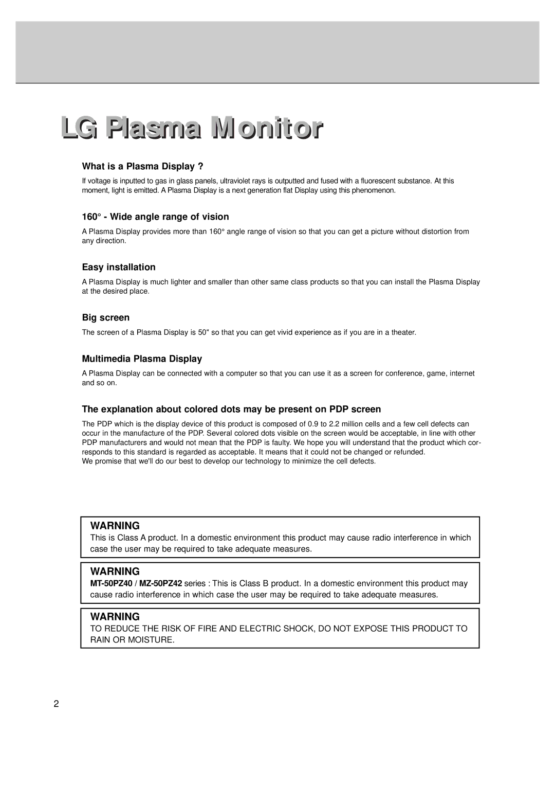 LG Electronics MT-50PZ40/, MT-50PZ41/, MT-50PZ43/, MZ-50PZ42/, MZ-50PZ43 owner manual LG Plasma Monitor 